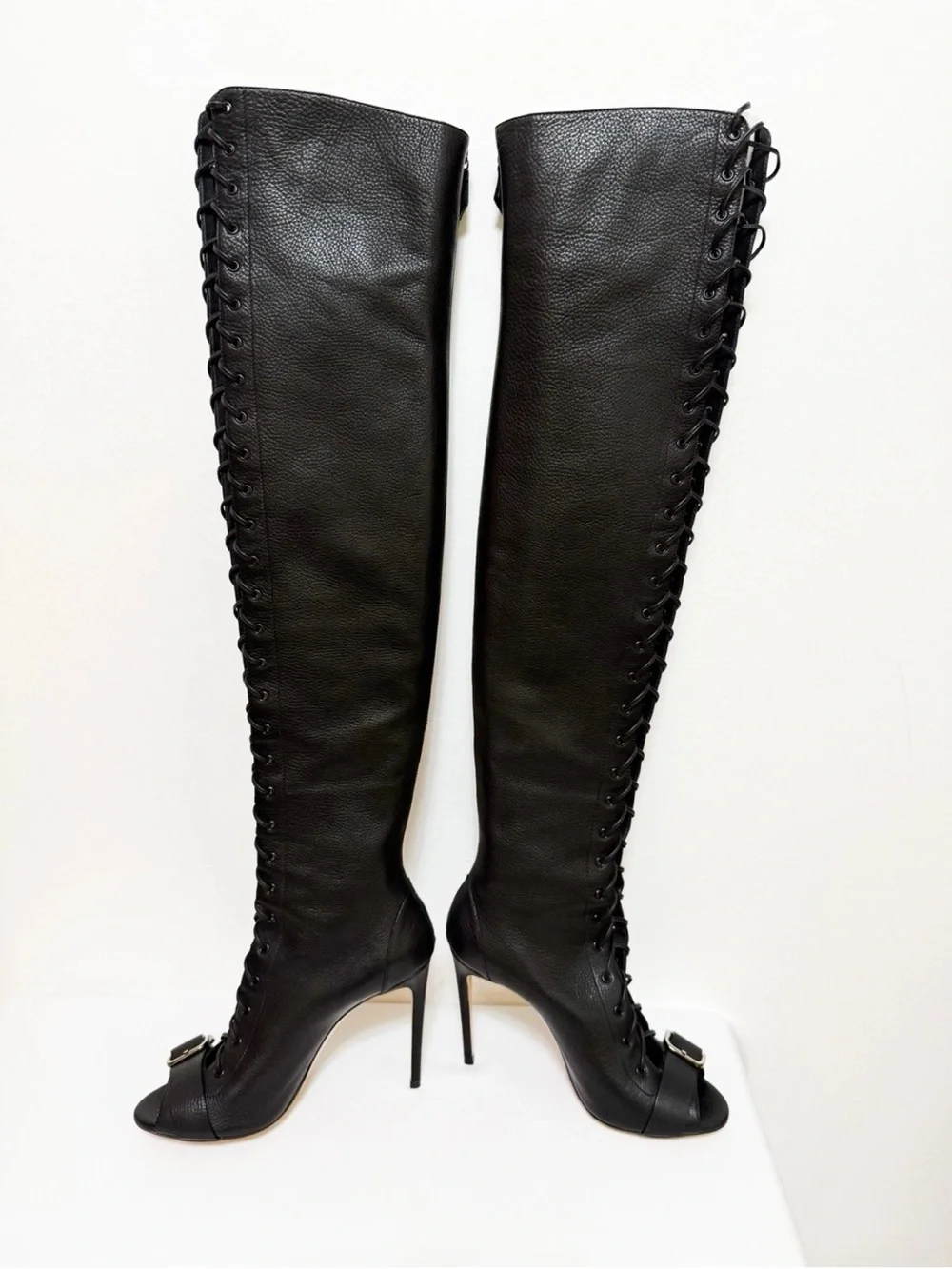$1810 39.5 US 8.5 CASADEI Black Leather Lace Up Over The Knee HEEL Boots ITALY